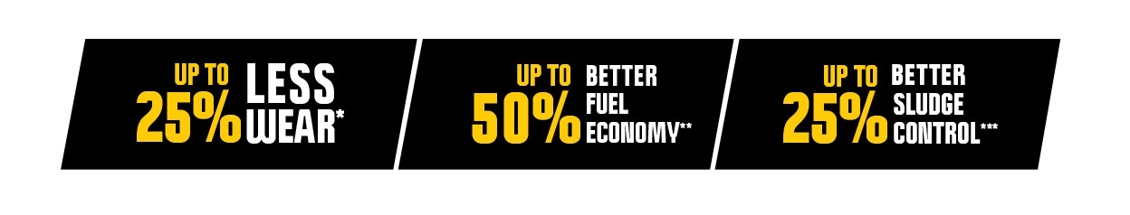 Up to 25% less wear. Up to 50% better fuel economy. Up to 25% better sludge control. Up to 25% less wear. Up to 50% better fuel economy. Up to 25% better sludge control.